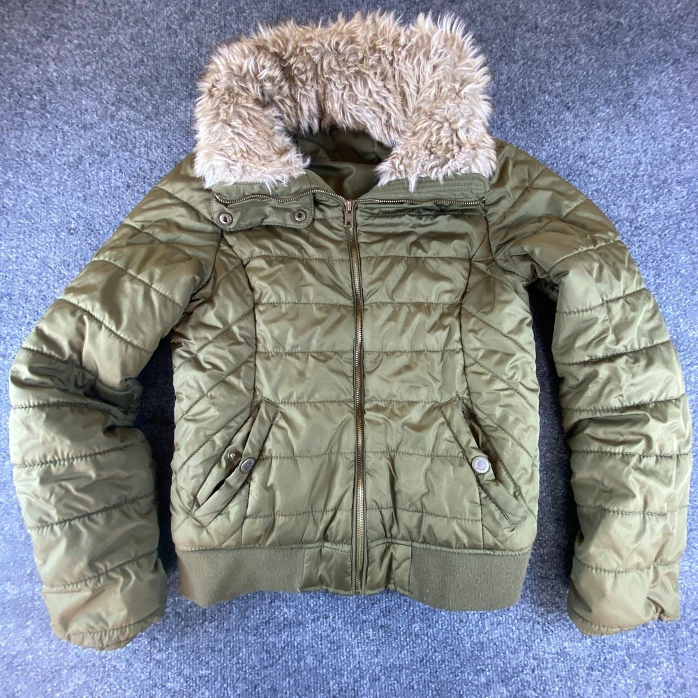 Womens Quilted‎ Puffer Jacket XS Olive Green Faux Fur Collar Hooded Full Zip